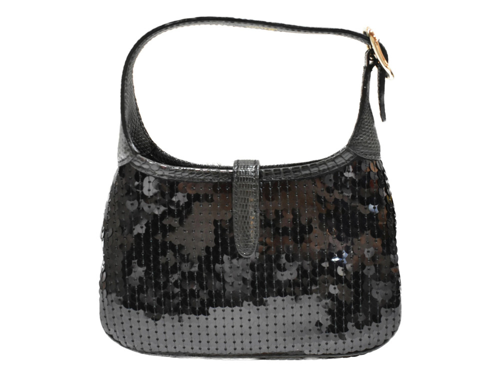 Gucci Sequin Black Handbag Jackie Leather Bag Hobo Black
